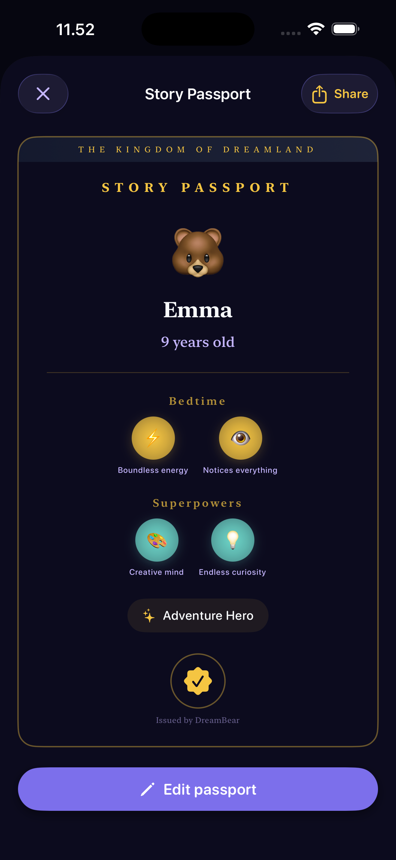 Story Passport showing Emma's profile with bedtime traits and superpowers