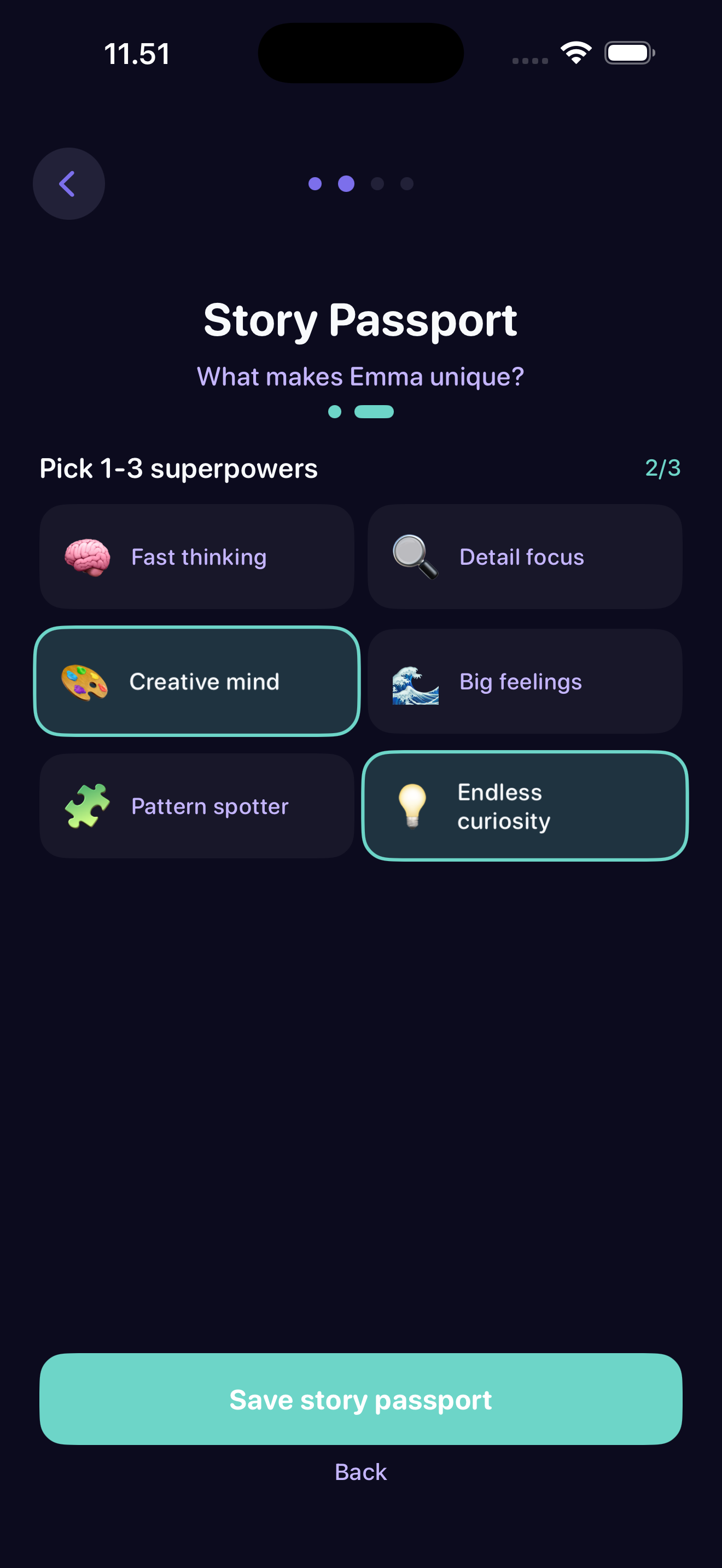 Pick superpowers: Creative mind, Endless curiosity selected